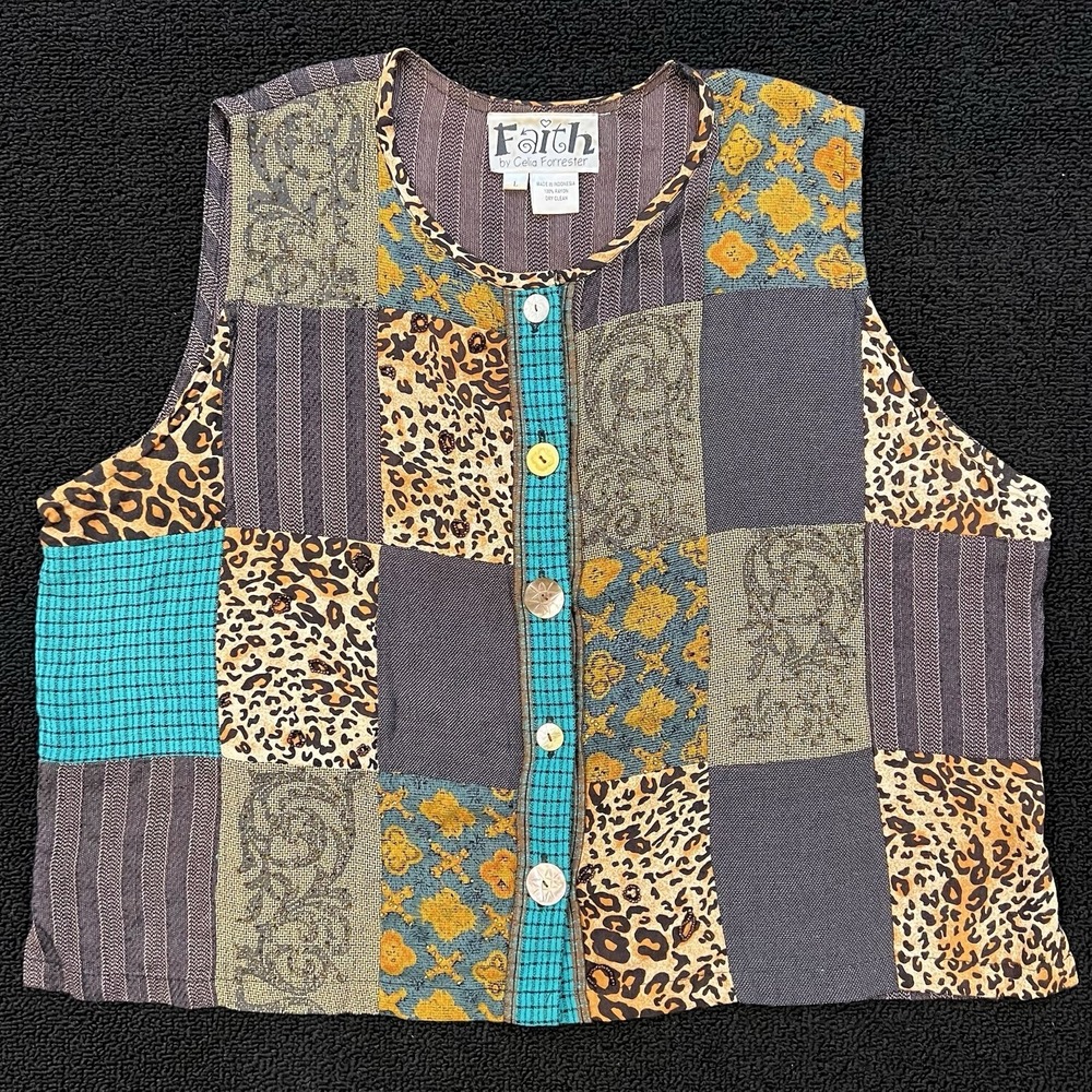Faith Celia Forrester Vest L Patchwork Mixed Print Boho Artsy Unique Whimsy - Picture 8 of 8